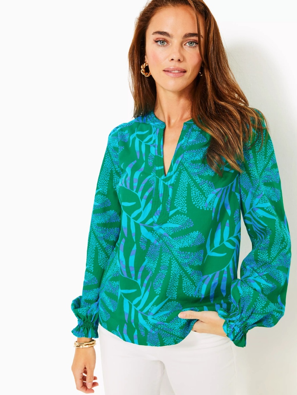 LILLY PULITZER COULTER LONG SLEEVE COTTON TOP, FIDDLE LEAF TROPICAL KELLY GREEN